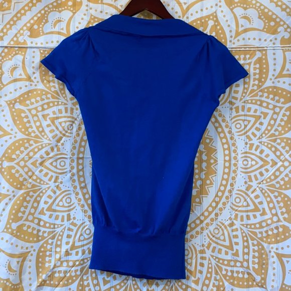 Wet Seal Jewel Blue Draped Collar Short Sleeve Sweater Shirt - Long Length - Picture 2 of 3